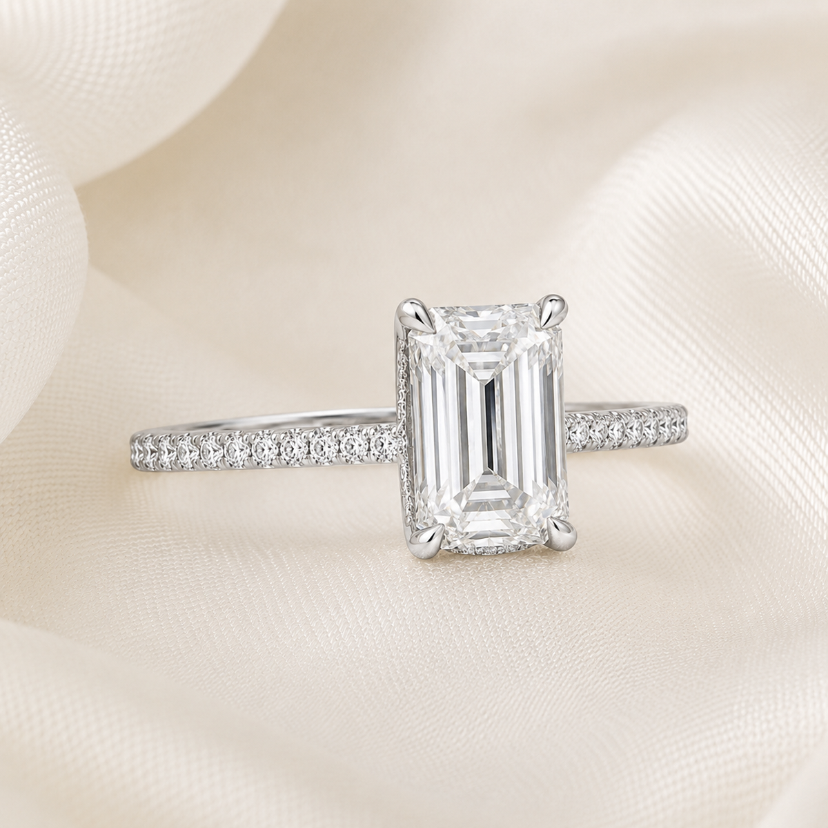 Emerald Diamond Pavé Hidden Halo Engagement Ring | IGI Certified Lab-Grown | 1–5 CT | 14K & 18K Gold, Platinum