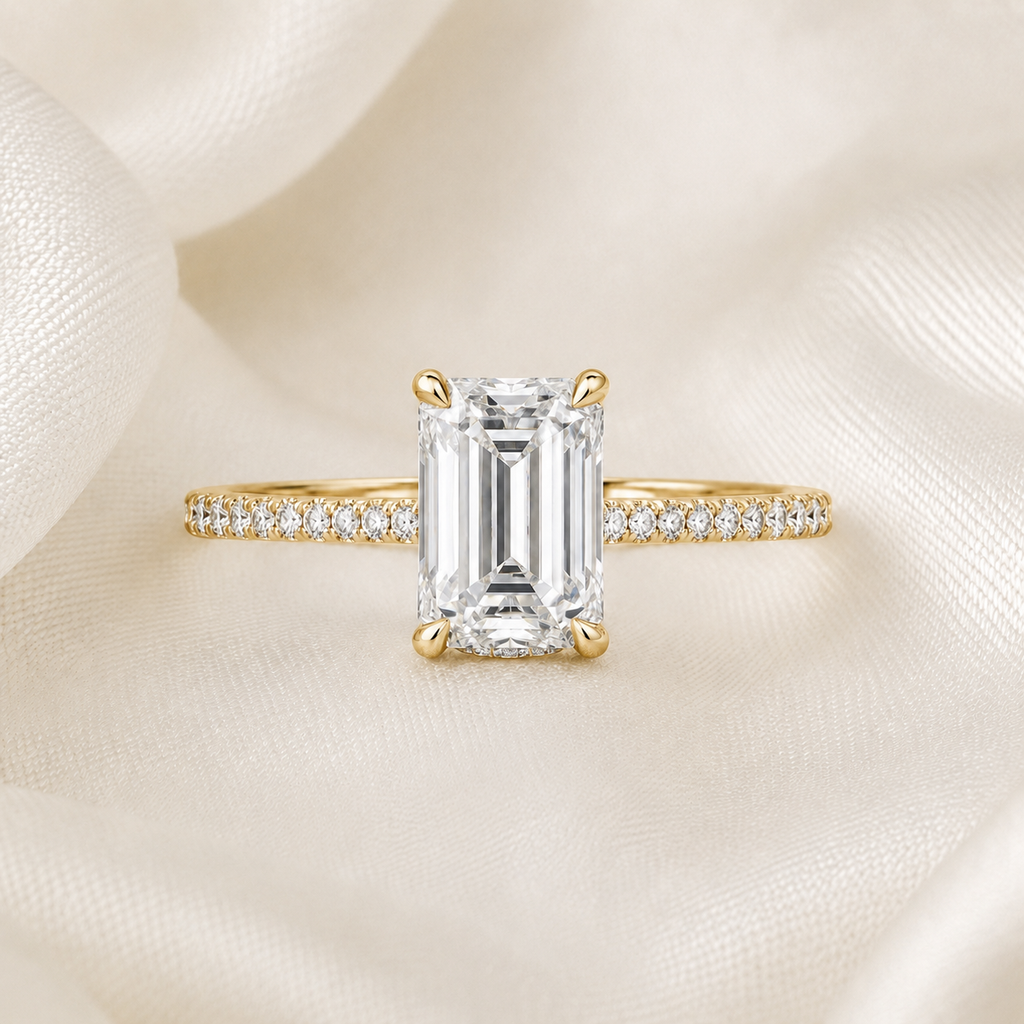 Emerald Diamond Pavé Hidden Halo Engagement Ring | IGI Certified Lab-Grown | 1–5 CT | 14K & 18K Gold, Platinum