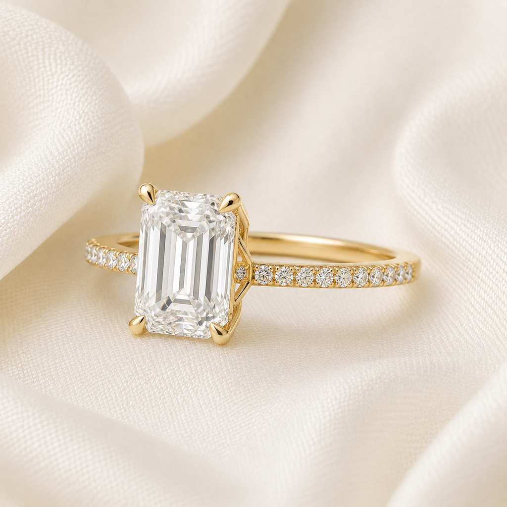 Emerald Diamond Pavé Hidden Halo Engagement Ring | IGI Certified Lab-Grown | 1–5 CT | 14K & 18K Gold, Platinum