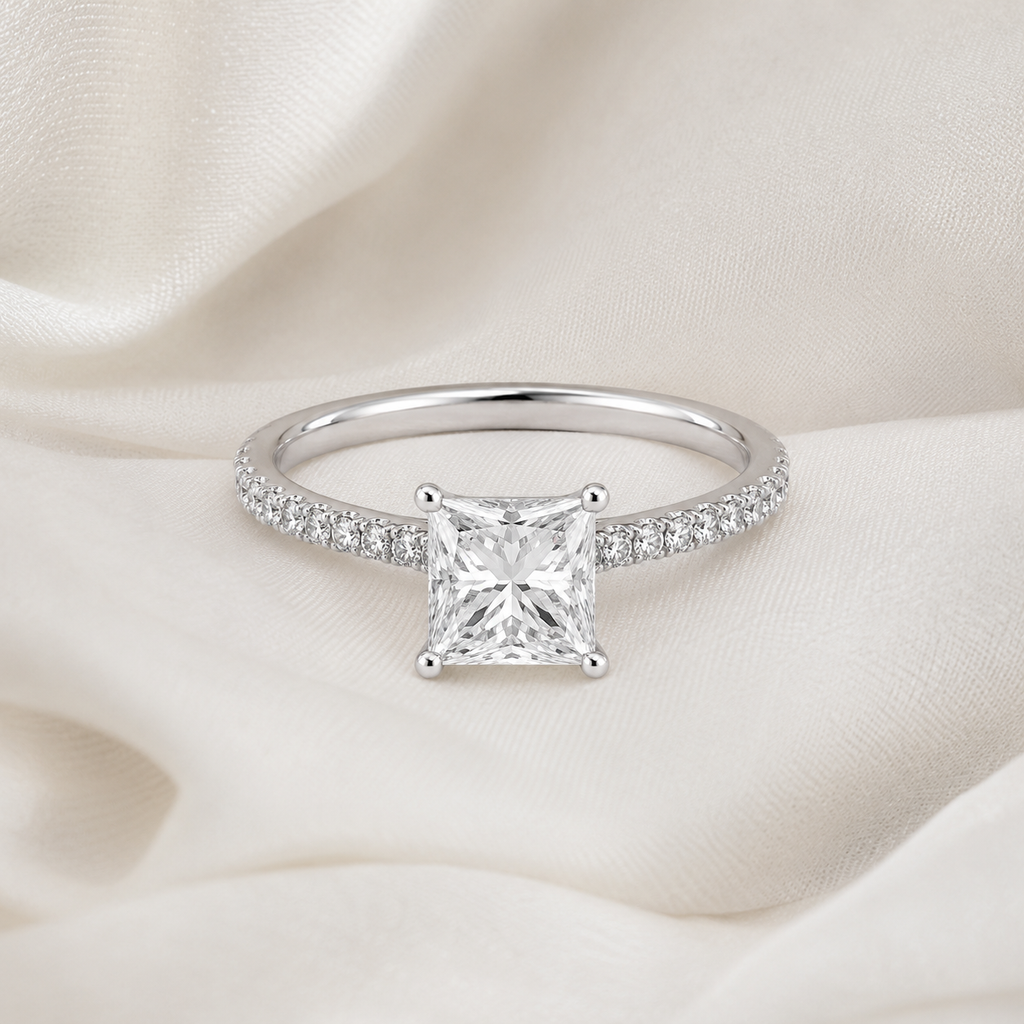 Princess Diamond Pavé Engagement Ring | IGI Certified Lab-Grown | 1–5 CT | 14K & 18K Gold, Platinum