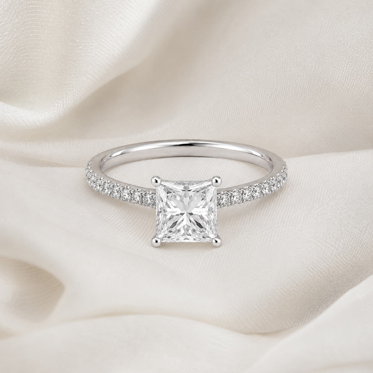 Princess Diamond Pavé Engagement Ring | IGI Certified Lab-Grown | 1–5 CT | 14K & 18K Gold, Platinum
