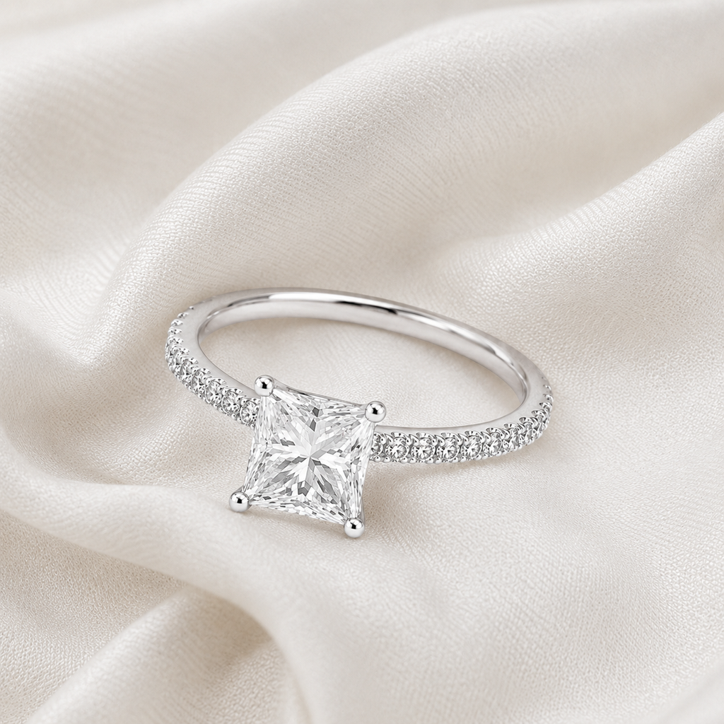 Princess Diamond Pavé Engagement Ring | IGI Certified Lab-Grown | 1–5 CT | 14K & 18K Gold, Platinum