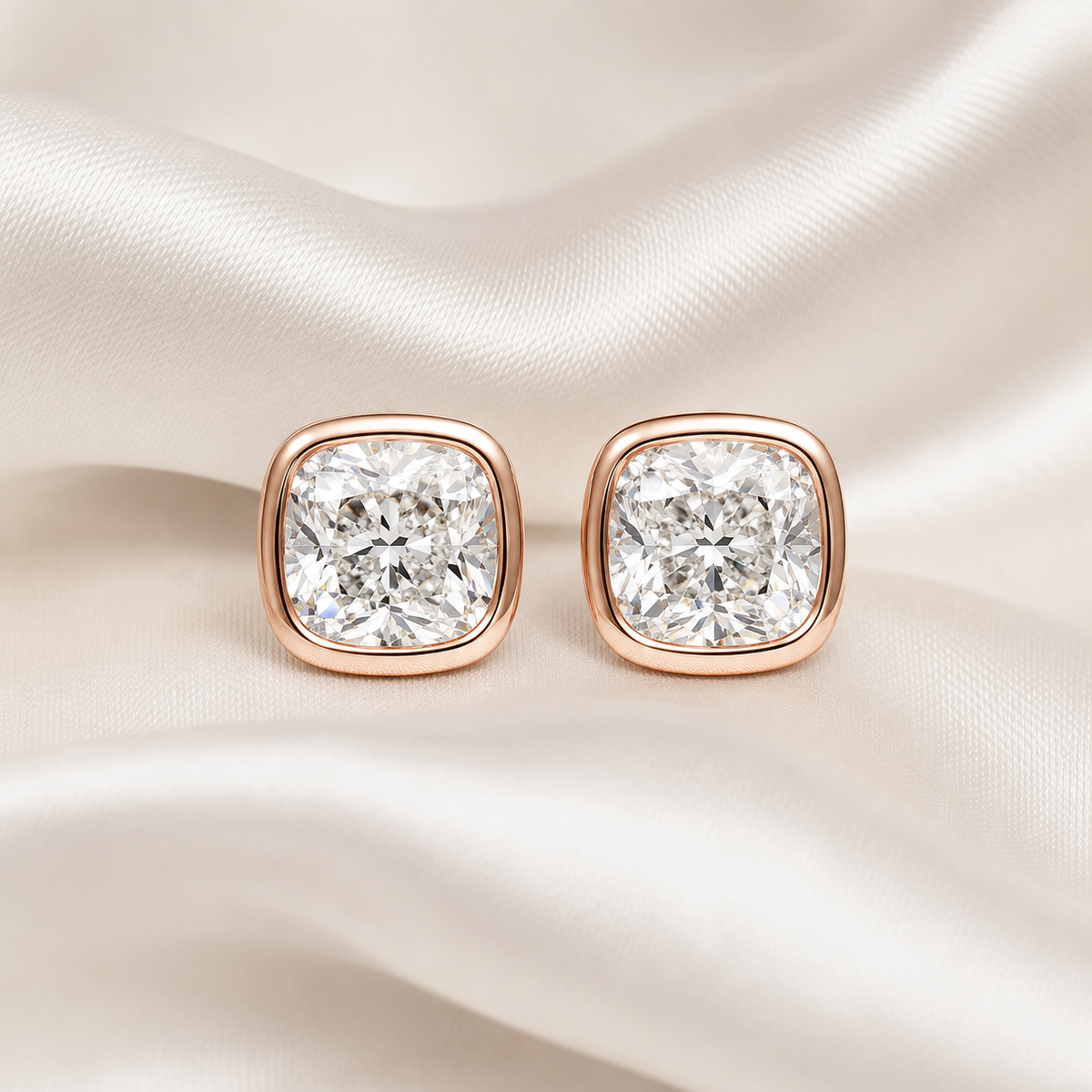 Bezel-Set Cushion Diamond Stud Earrings | IGI Certified Lab-Grown | 14K & 18K Gold, Platinum