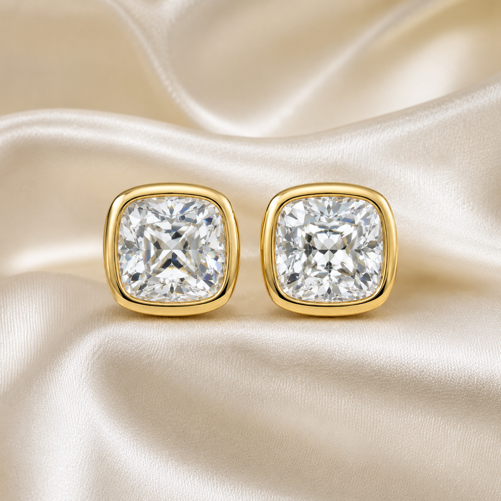 Bezel-Set Cushion Diamond Stud Earrings | IGI Certified Lab-Grown | 14K & 18K Gold, Platinum