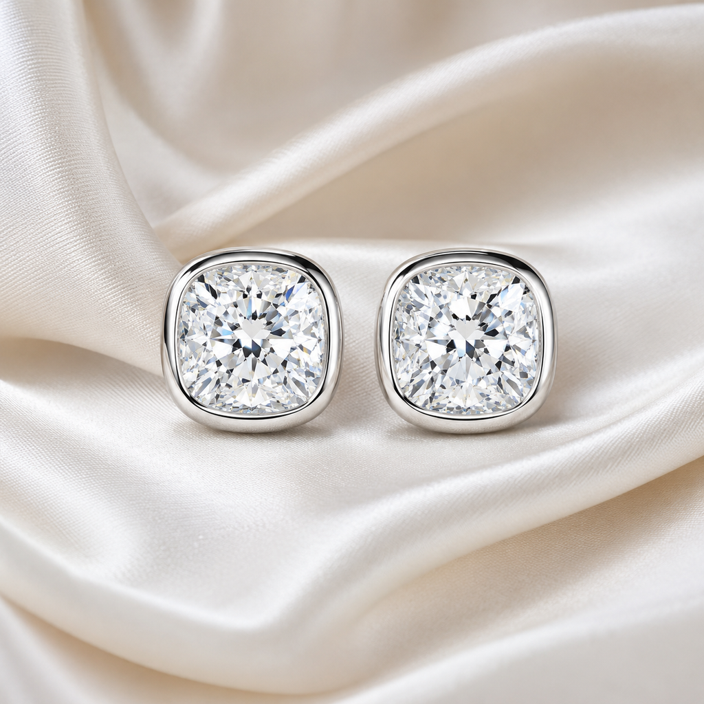 Bezel-Set Cushion Diamond Stud Earrings | IGI Certified Lab-Grown | 14K & 18K Gold, Platinum