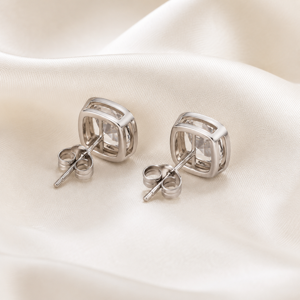Bezel-Set Cushion Diamond Stud Earrings | IGI Certified Lab-Grown | 14K & 18K Gold, Platinum