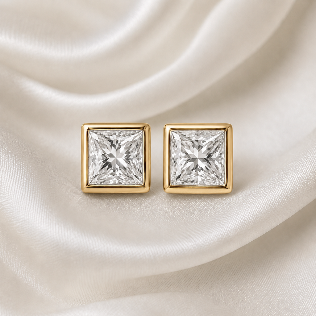 Bezel-Set Princess Diamond Stud Earrings | IGI Certified Lab-Grown | 14K & 18K Gold, Platinum
