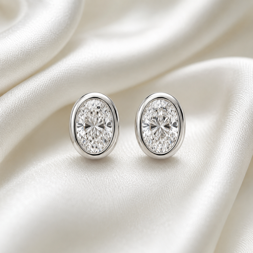 Bezel-Set Oval Diamond Stud Earrings | IGI Certified Lab-Grown | 14K & 18K Gold, Platinum