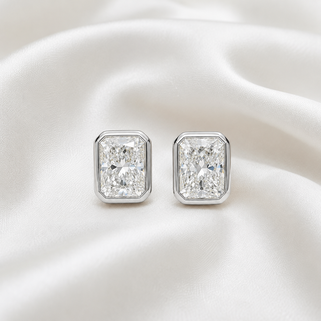 Bezel-Set Radiant Diamond Stud Earrings | IGI Certified Lab-Grown | 14K & 18K Gold, Platinum