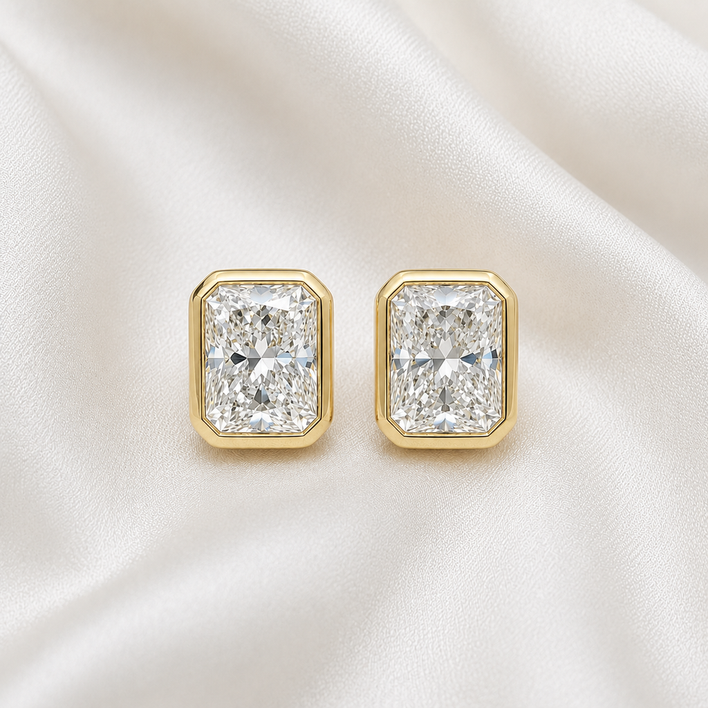 Bezel-Set Radiant Diamond Stud Earrings | IGI Certified Lab-Grown | 14K & 18K Gold, Platinum