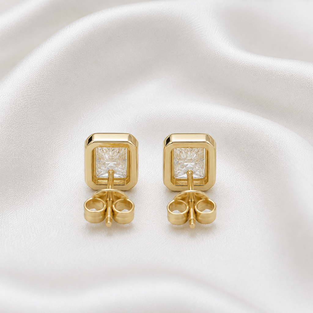 Bezel-Set Radiant Diamond Stud Earrings | IGI Certified Lab-Grown | 14K & 18K Gold, Platinum
