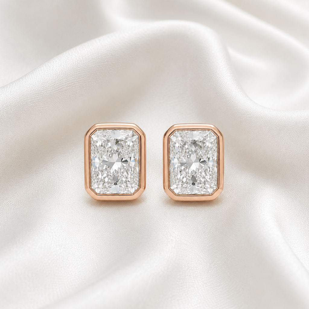 Bezel-Set Radiant Diamond Stud Earrings | IGI Certified Lab-Grown | 14K & 18K Gold, Platinum
