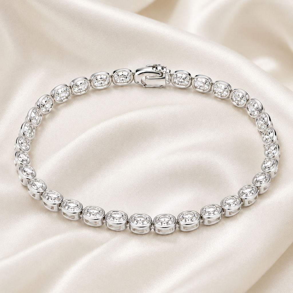 Oval Cut Bezel-Set Lab-Grown Diamond Tennis Bracelet | IGI Certified | 14K & 18K Gold, Platinum