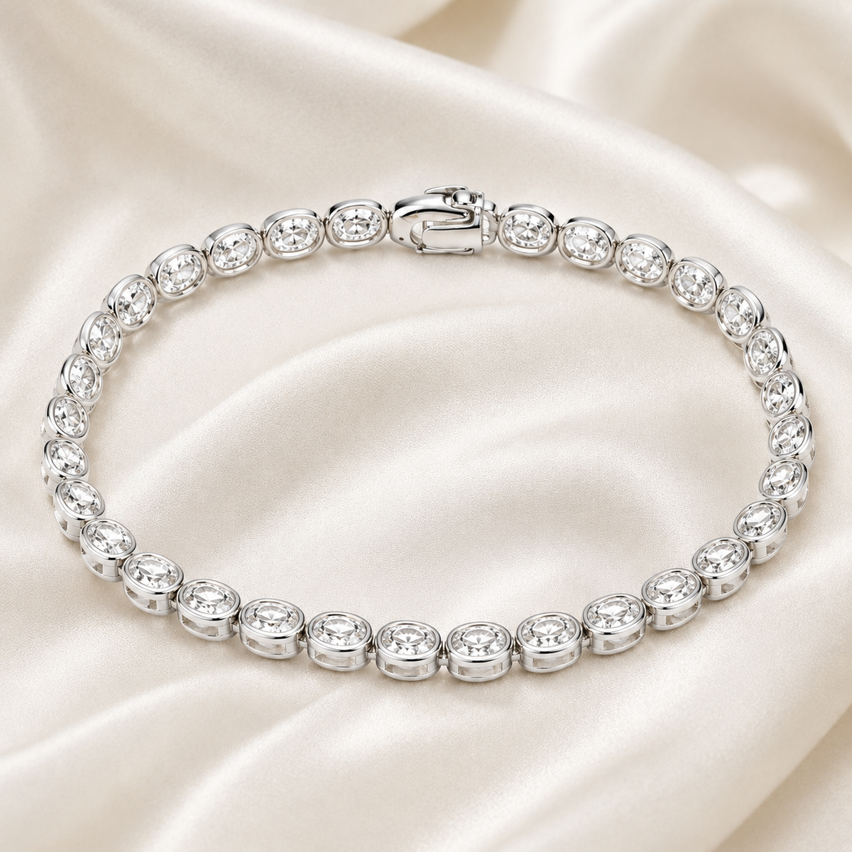 Oval Cut Bezel-Set Lab-Grown Diamond Tennis Bracelet | IGI Certified | 14K & 18K Gold, Platinum