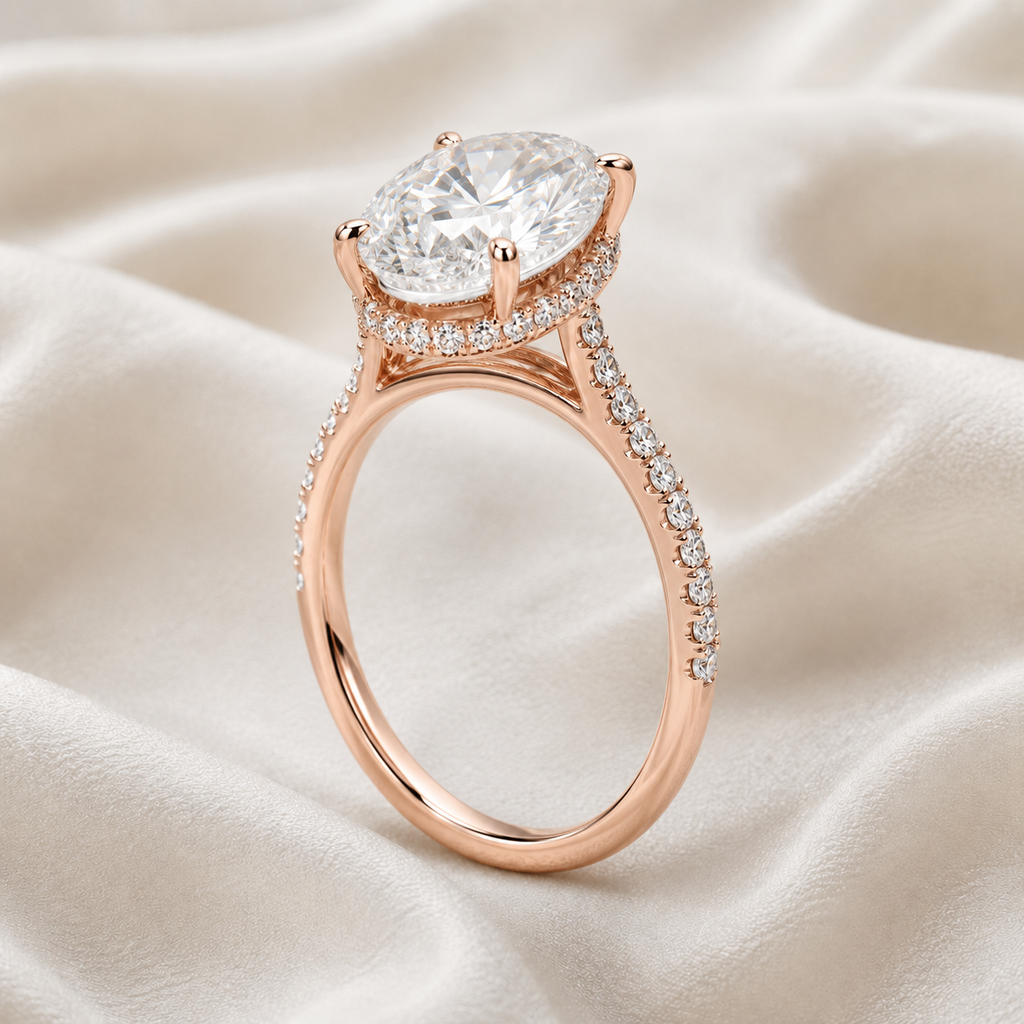 Oval Diamond Pavé Hidden Halo Engagement Ring | IGI Certified Lab-Grown | 1–5 CT | 14K & 18K Gold, Platinum