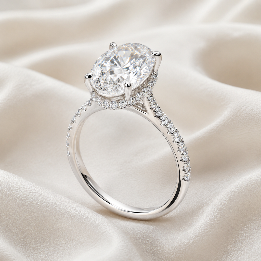 Oval Diamond Pavé Hidden Halo Engagement Ring | IGI Certified Lab-Grown | 1–5 CT | 14K & 18K Gold, Platinum