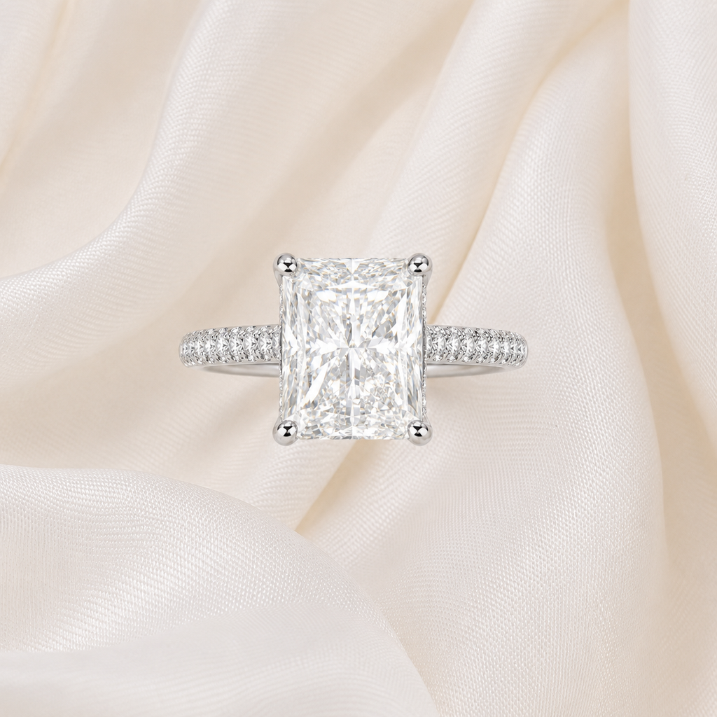 Radiant Diamond Pavé Hidden Halo Engagement Ring | IGI Certified Lab-Grown | 1–5 CT | 14K & 18K Gold, Platinum