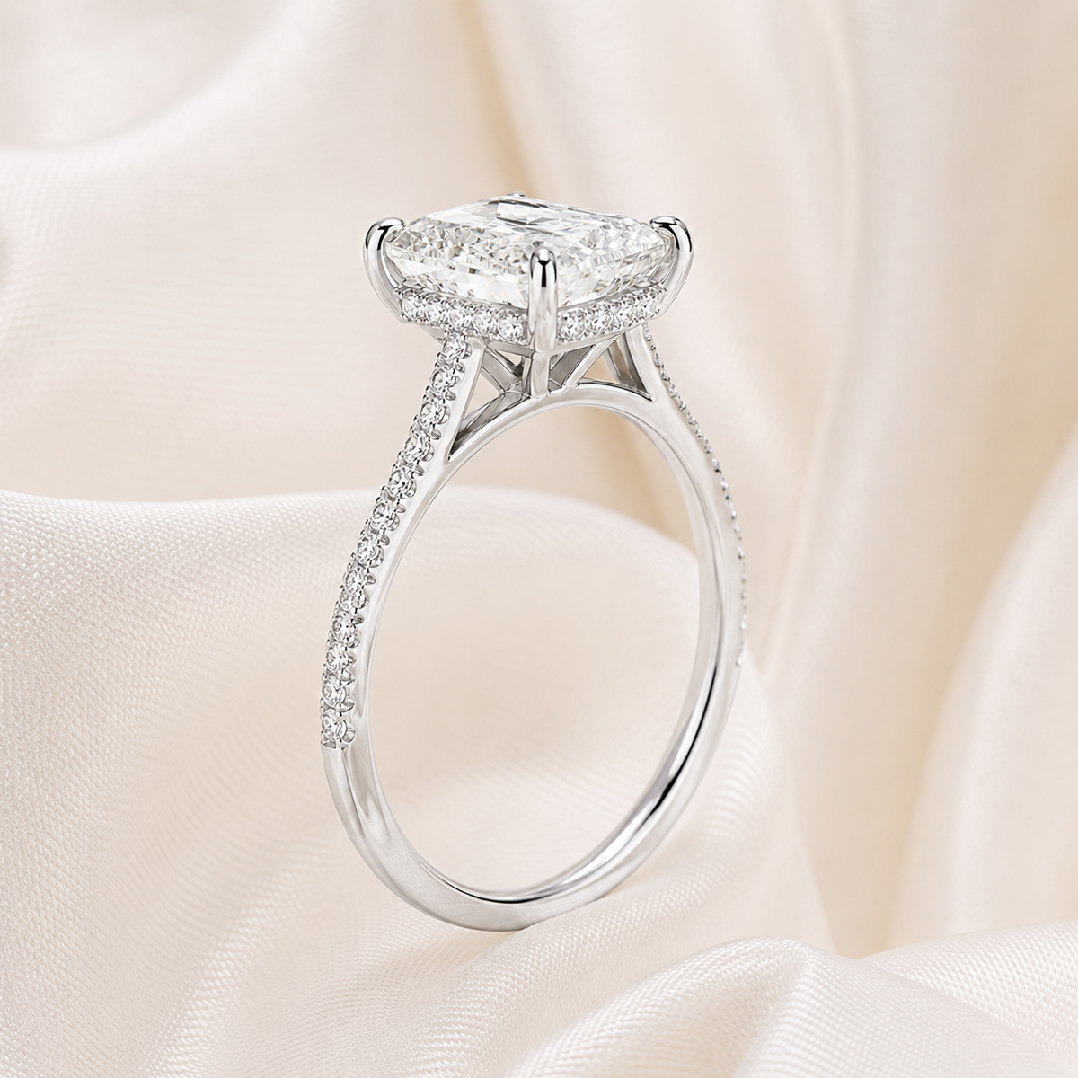 Radiant Diamond Pavé Hidden Halo Engagement Ring | IGI Certified Lab-Grown | 1–5 CT | 14K & 18K Gold, Platinum