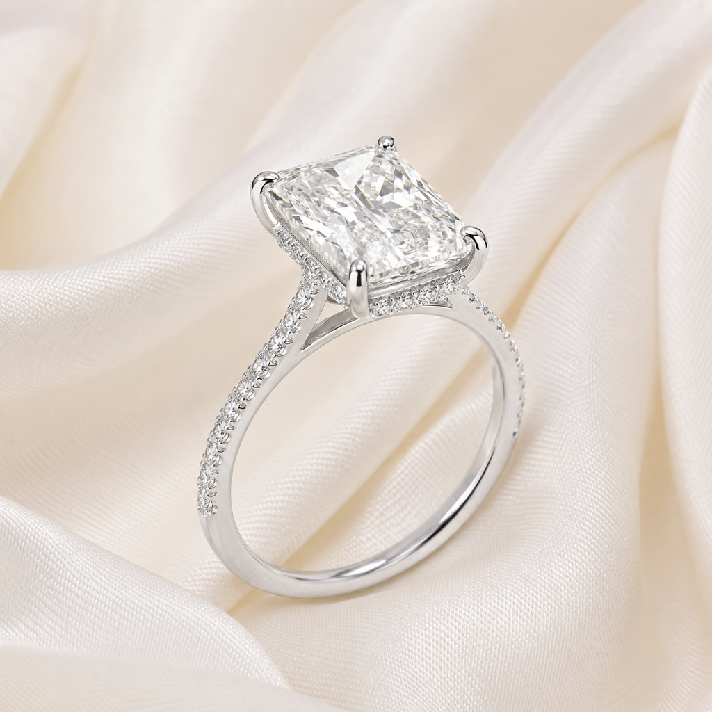 Radiant Diamond Pavé Hidden Halo Engagement Ring | IGI Certified Lab-Grown | 1–5 CT | 14K & 18K Gold, Platinum