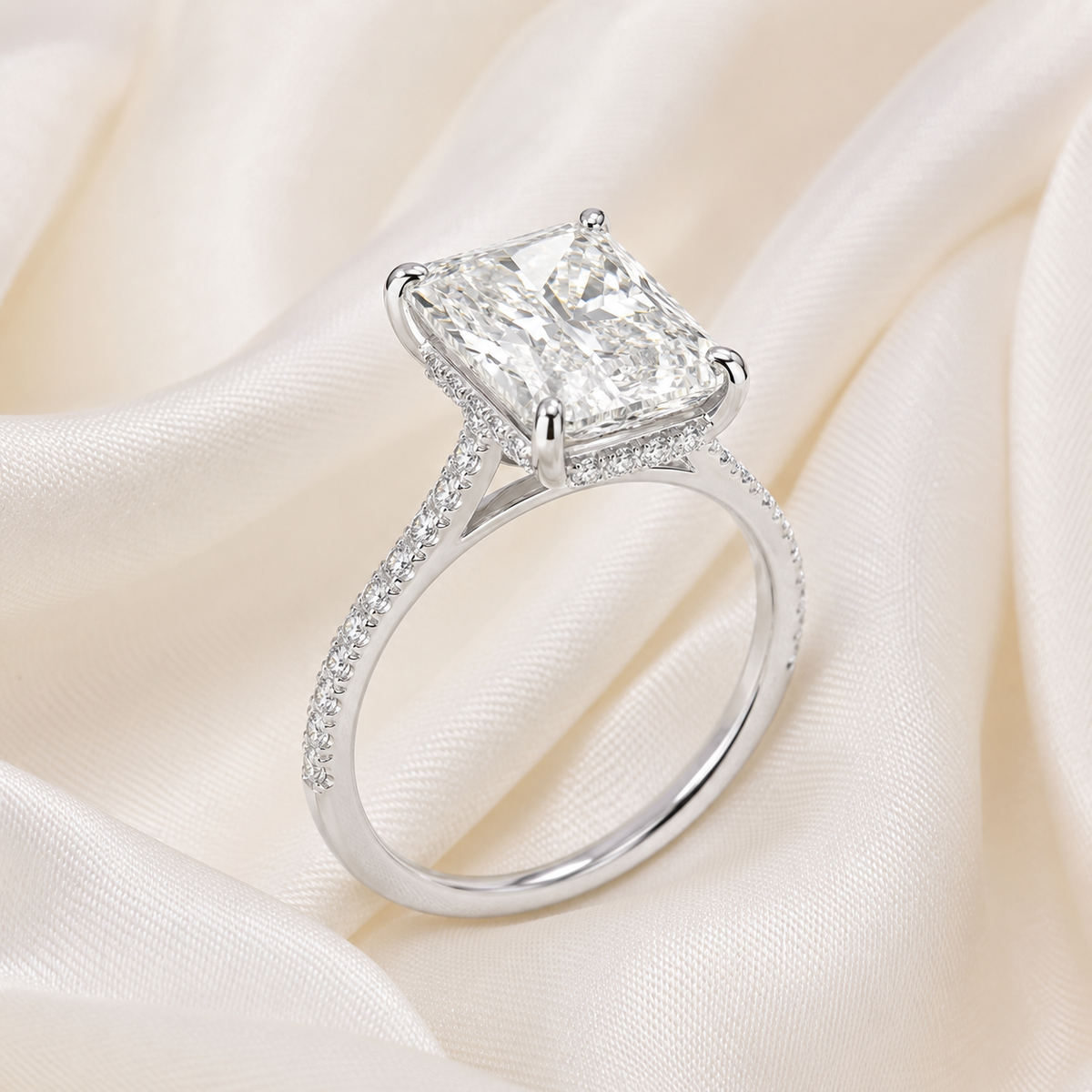 Radiant Diamond Pavé Hidden Halo Engagement Ring | IGI Certified Lab-Grown | 1–5 CT | 14K & 18K Gold, Platinum