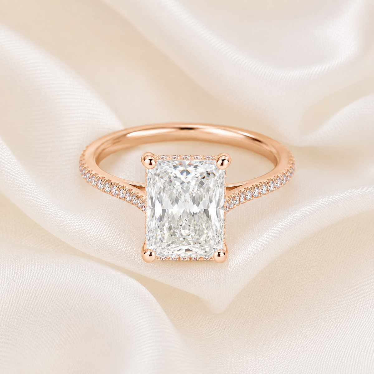 Radiant Diamond Pavé Hidden Halo Engagement Ring | IGI Certified Lab-Grown | 1–5 CT | 14K & 18K Gold, Platinum