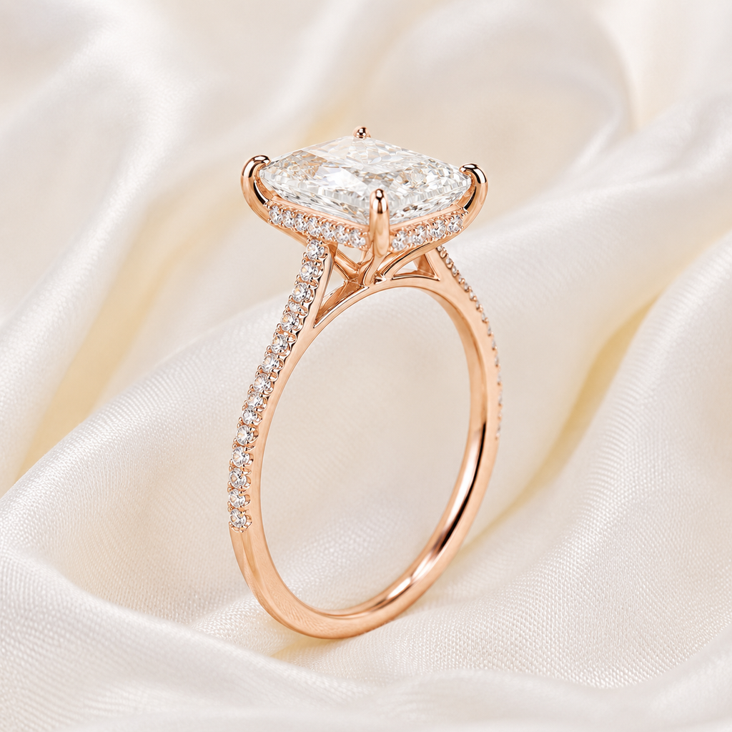 Radiant Diamond Pavé Hidden Halo Engagement Ring | IGI Certified Lab-Grown | 1–5 CT | 14K & 18K Gold, Platinum