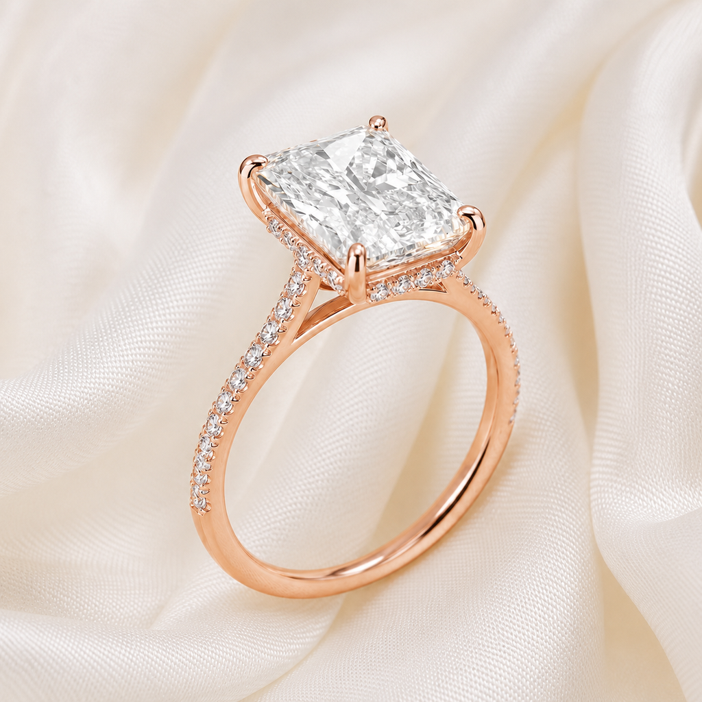 Radiant Diamond Pavé Hidden Halo Engagement Ring | IGI Certified Lab-Grown | 1–5 CT | 14K & 18K Gold, Platinum