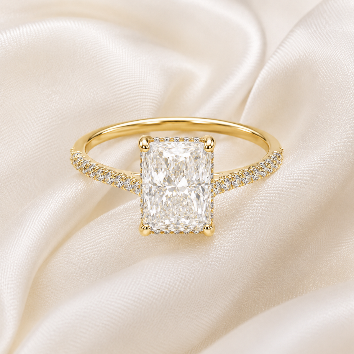 Radiant Diamond Pavé Hidden Halo Engagement Ring | IGI Certified Lab-Grown | 1–5 CT | 14K & 18K Gold, Platinum