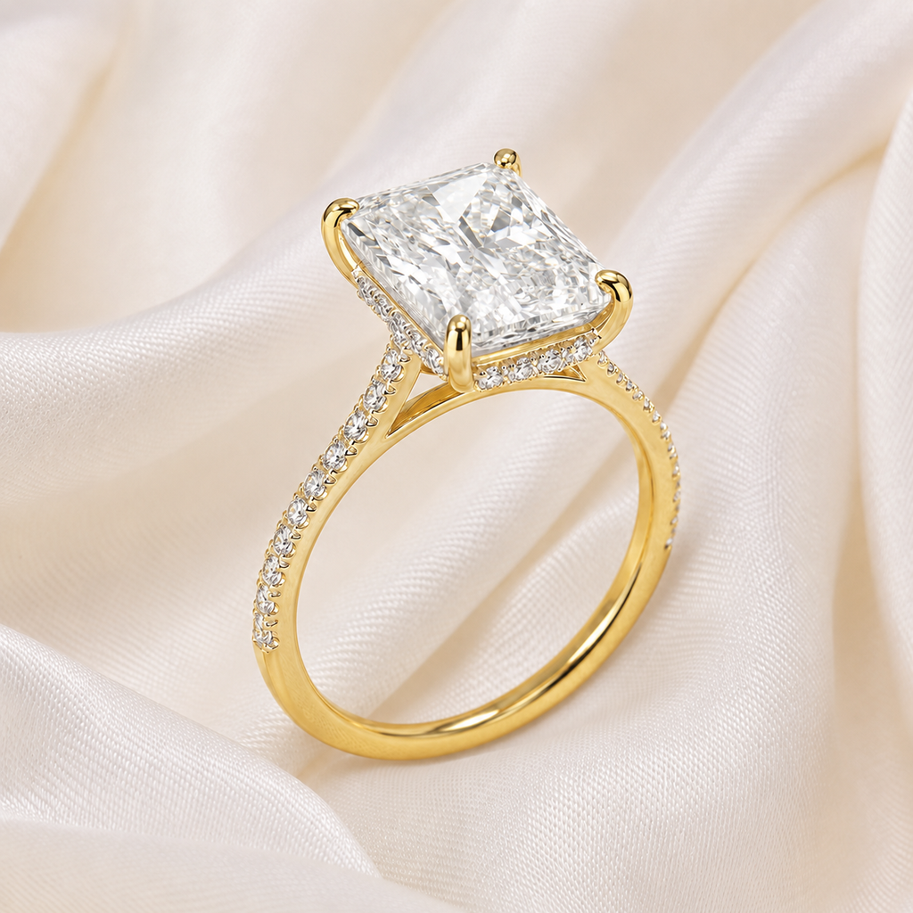 Radiant Diamond Pavé Hidden Halo Engagement Ring | IGI Certified Lab-Grown | 1–5 CT | 14K & 18K Gold, Platinum