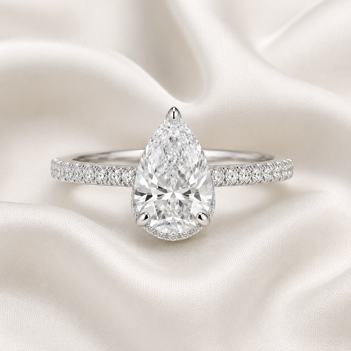 Pear Diamond Pavé Hidden Halo Engagement Ring | IGI Certified Lab-Grown | 1–5 CT | 14K & 18K Gold, Platinum