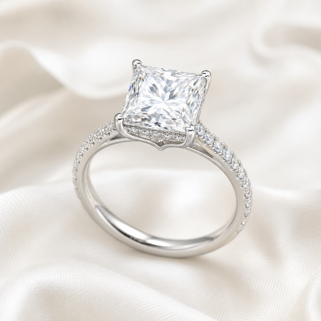 Princess Diamond Pavé Hidden Halo Engagement Ring | IGI Certified Lab-Grown | 1–5 CT | 14K & 18K Gold, Platinum