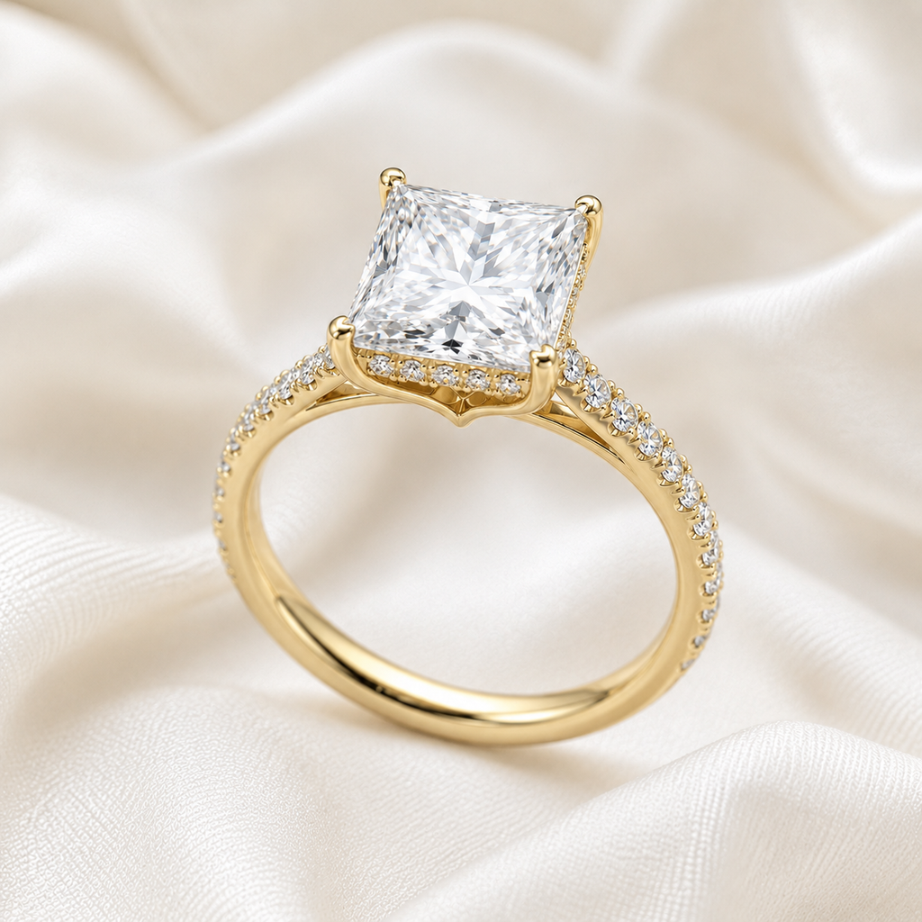 Princess Diamond Pavé Hidden Halo Engagement Ring | IGI Certified Lab-Grown | 1–5 CT | 14K & 18K Gold, Platinum