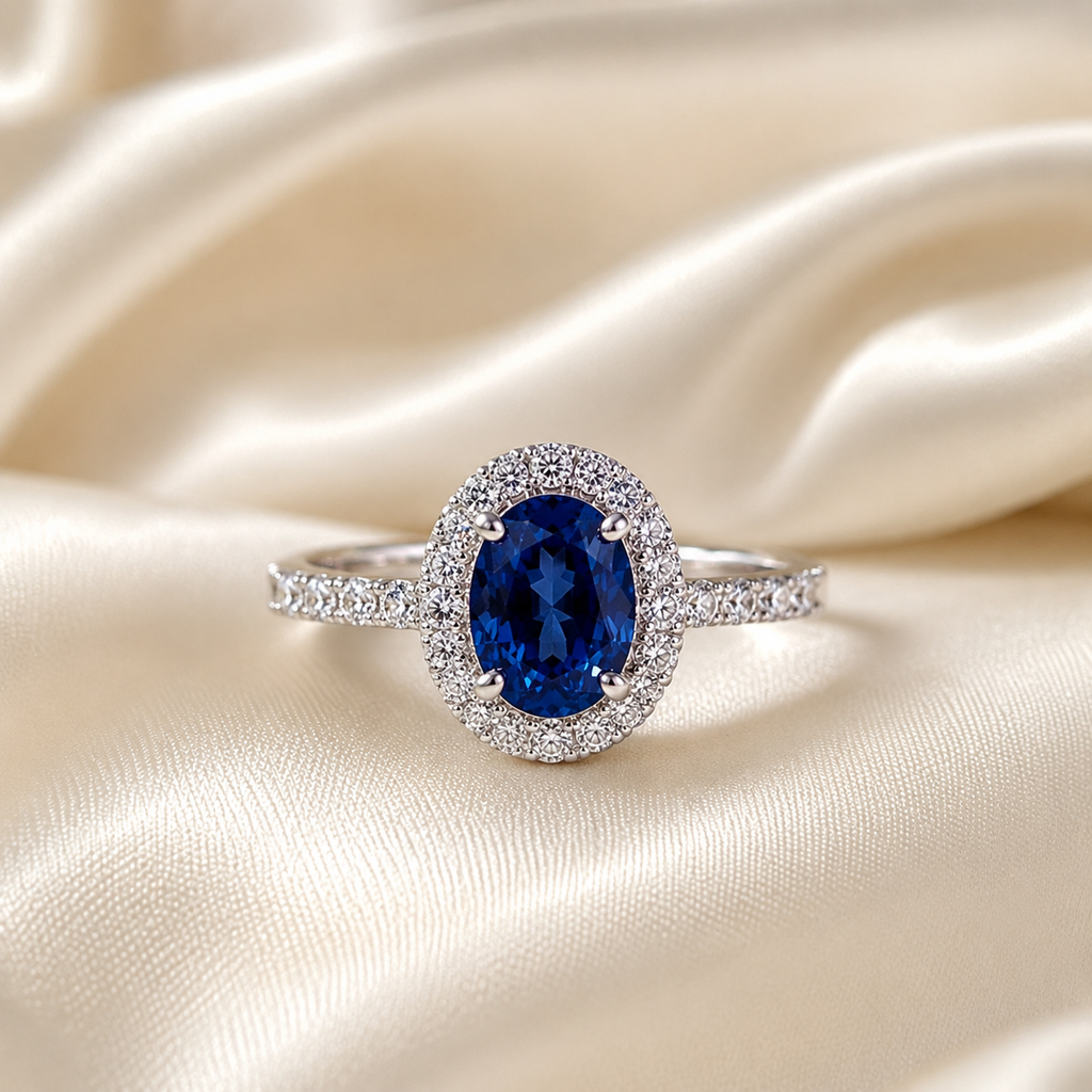 Oval Blue Sapphire Halo Ring