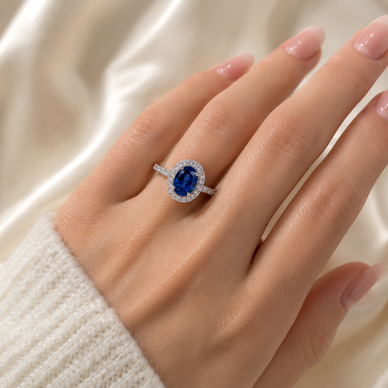 Oval Blue Sapphire Halo Ring
