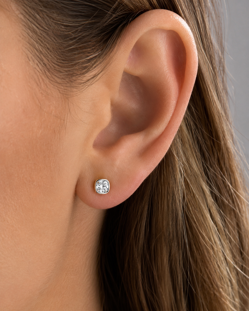 Bezel-Set Cushion Diamond Stud Earrings | IGI Certified Lab-Grown | 14K & 18K Gold, Platinum