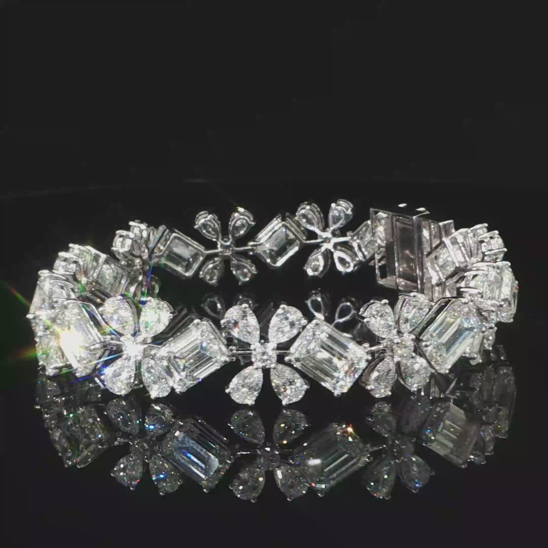 50.56 CTW IGI Certified Emerald, Pear & Round Diamond Floral Bracelet in White Gold